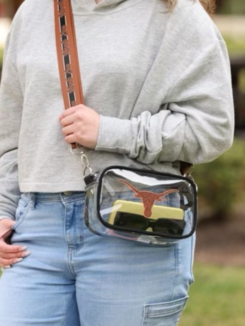 Transparent Crossbody Bag with Brown Longhorn Accent